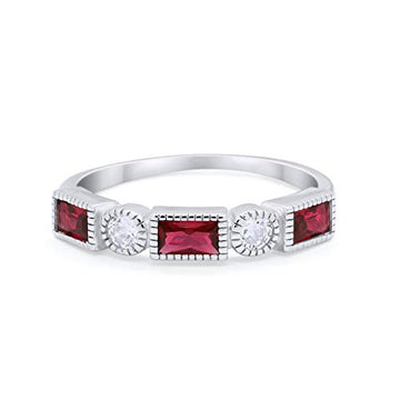 Alternating Baguette Ring Simulated Ruby CZ 925 Sterling Silver